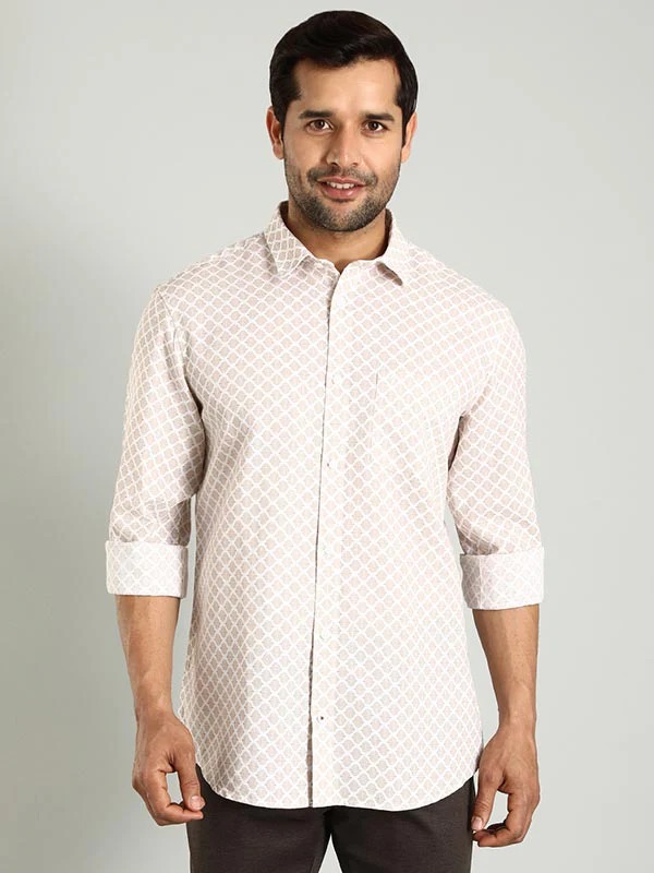 Indian Terrain Men's Regular Fit Full Sleeve All Over Print Off White Shirt